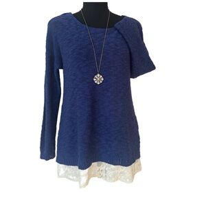 #1 HIPPIE ROSE ~ Navy Blue Lightweight Knit Sweater with Lace Hem Detail size M